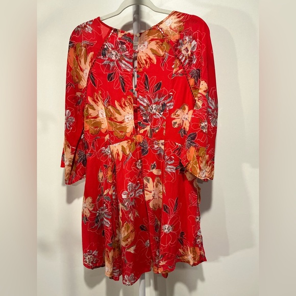 Free People Coral-Red Floral High-Low V-Neck Dress - Picture 6 of 13